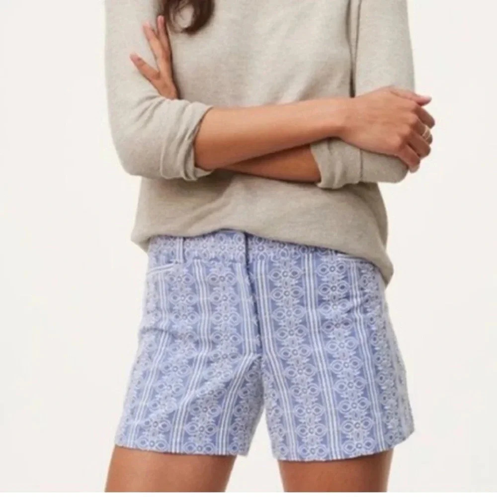 Ann Taylor LOFT Herringbone Blue White Striped Riviera‎ Shorts Embroidered sz 10